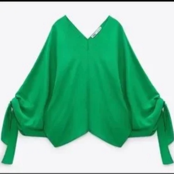 Zara Emerald Green V Neck Tie Sleeves Fluid Blouse Top Medium 4437 054 - Picture 16 of 16